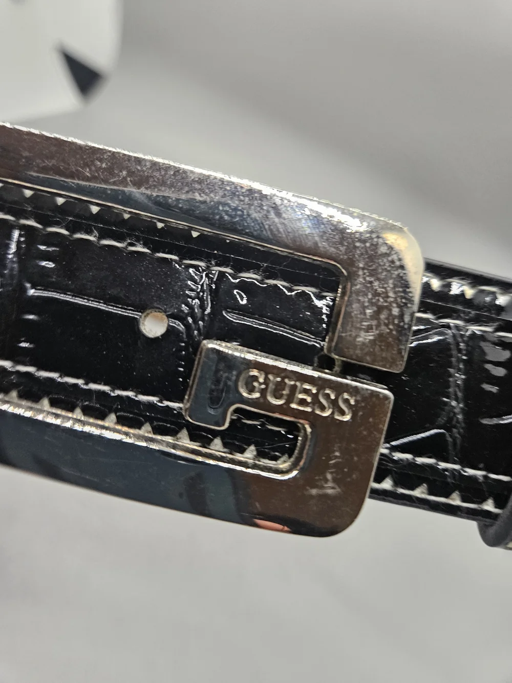 GUESS Womens Belt Size Small Black Patent Faux Croc Y2K Silver G Buckle 918076